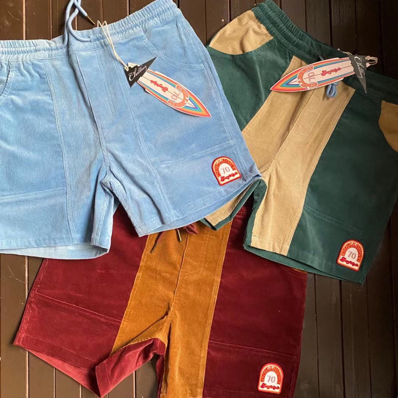 CHILLHANG 復古拼色燈芯絨短褲(紅 x 黃) (Unisex)