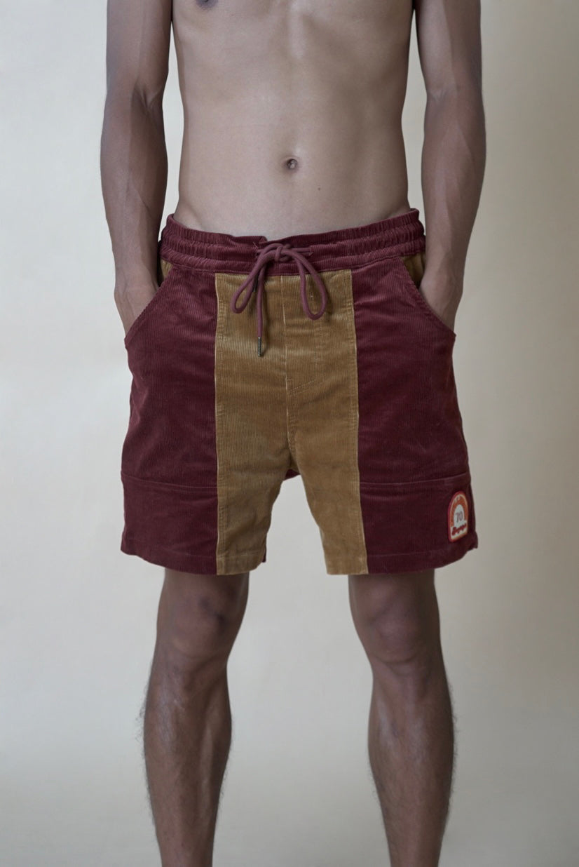 CHILLHANG 復古拼色燈芯絨短褲(紅 x 黃) (Unisex)