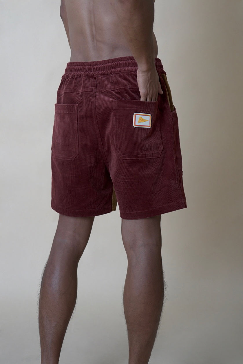 CHILLHANG 復古拼色燈芯絨短褲(紅 x 黃) (Unisex)