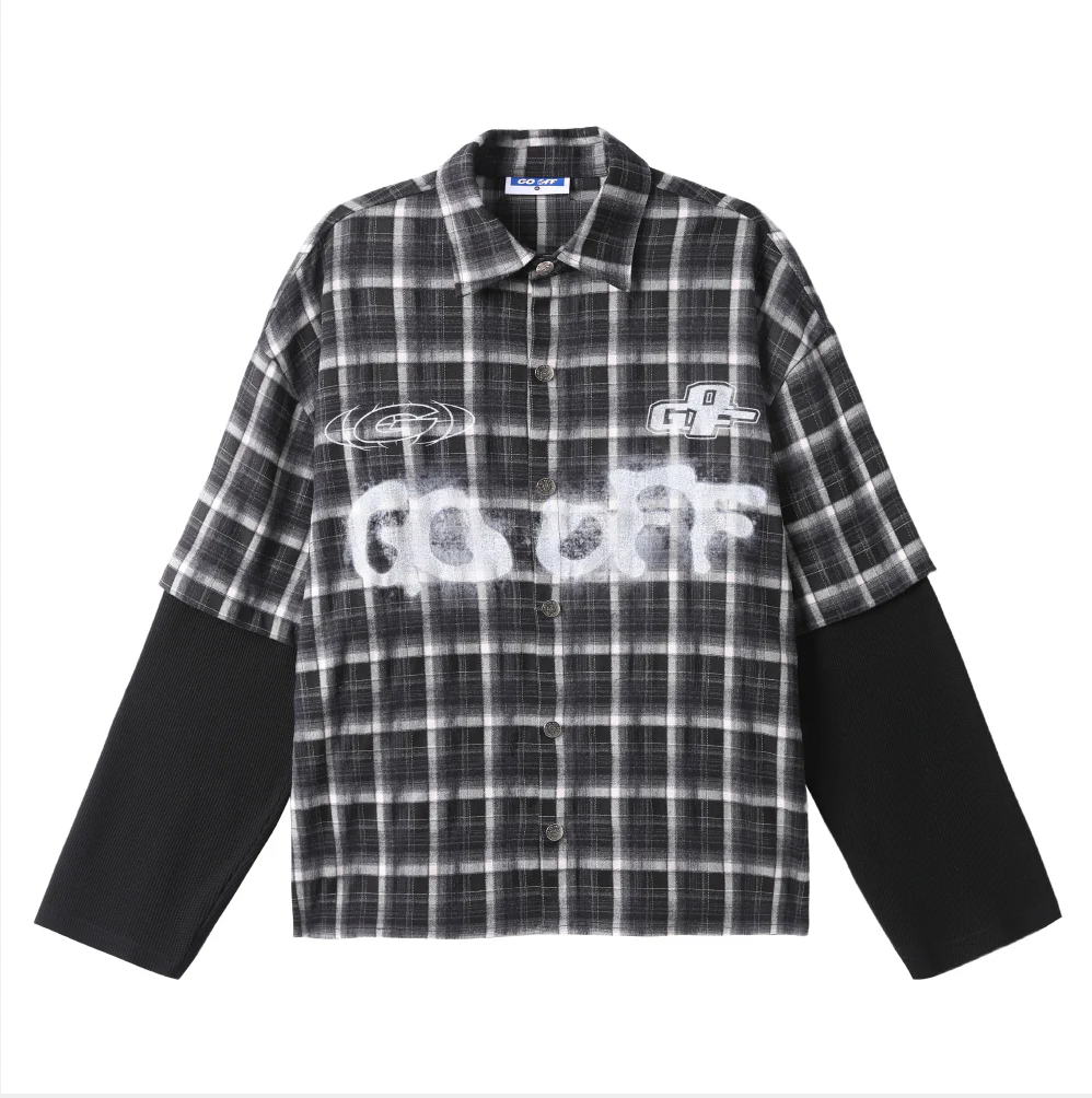 GO OFF | FAUX LAYERED PLAID & WAFFLE KNIT LONG SLEEVE SHIRT 假兩件格紋拼接華夫格長袖襯衫