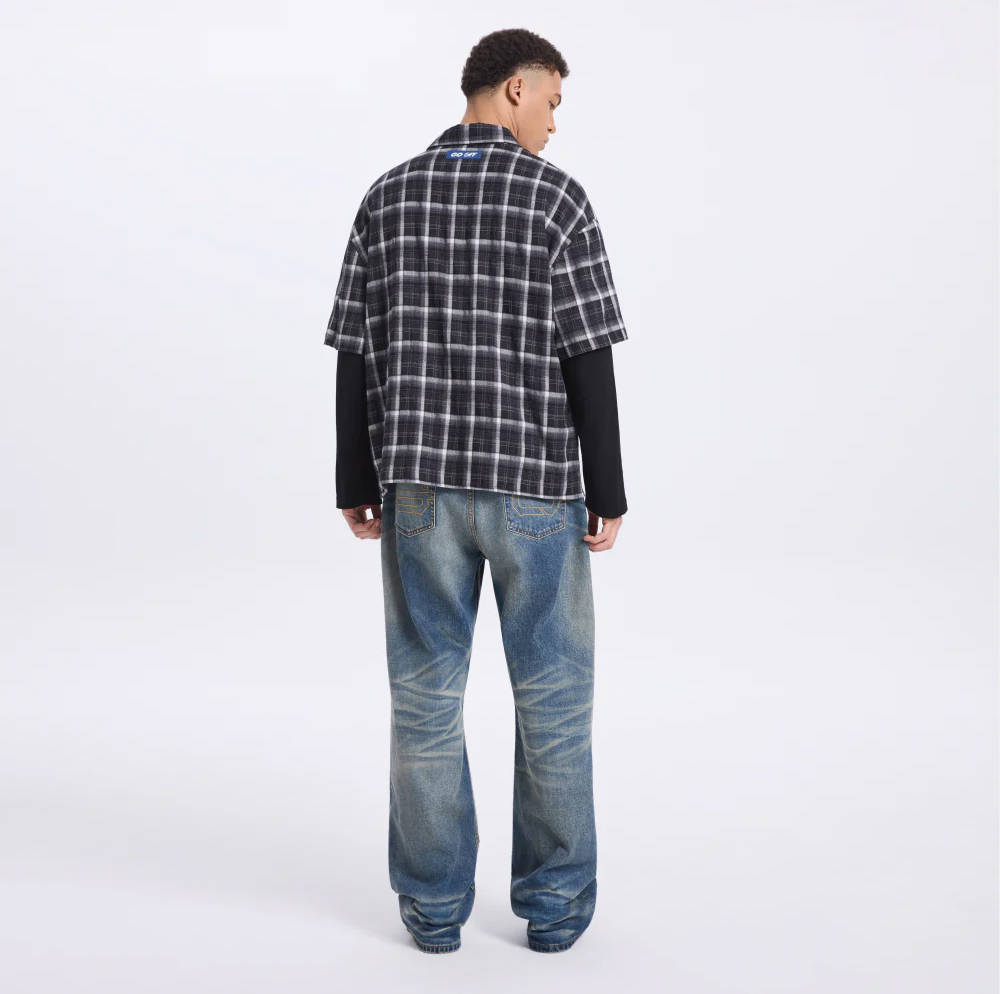 GO OFF | FAUX LAYERED PLAID & WAFFLE KNIT LONG SLEEVE SHIRT 假兩件格紋拼接華夫格長袖襯衫
