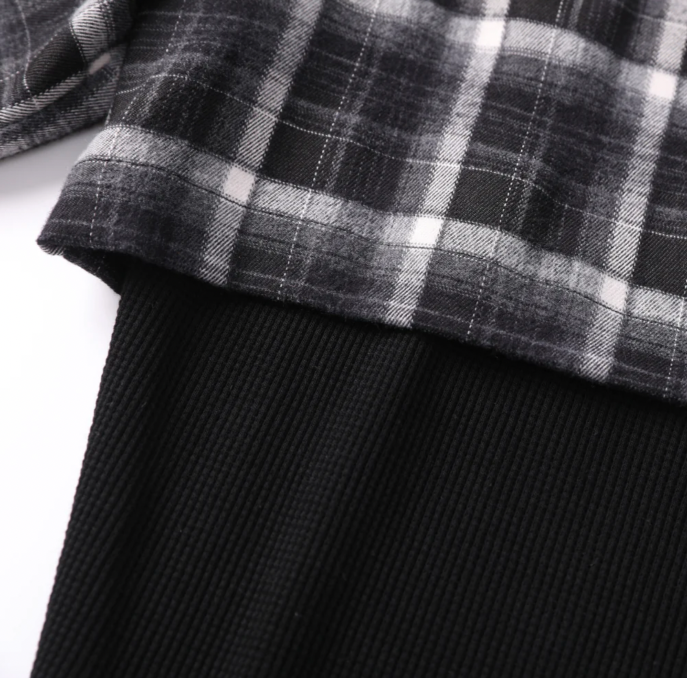 GO OFF | FAUX LAYERED PLAID & WAFFLE KNIT LONG SLEEVE SHIRT 假兩件格紋拼接華夫格長袖襯衫